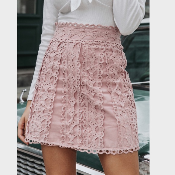 Cotton Guipure Lace High Waist Pink Skirt - Picture 7 of 12